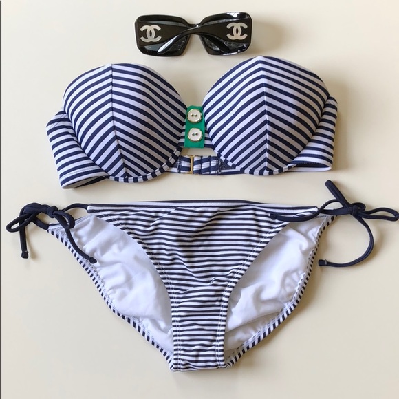 Xhilaration | Nautical Navy & White Striped Bikini | M/XL - Picture 1 of 8